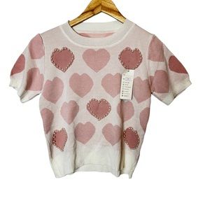 Women's Pink Heart-Pattern Short Sleeve Sweater - Crew Neck